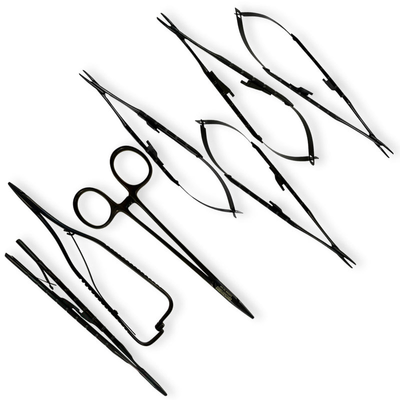 Staged view of the seven-piece Power needle holder kit with black titanium finish, SKU 5532BN