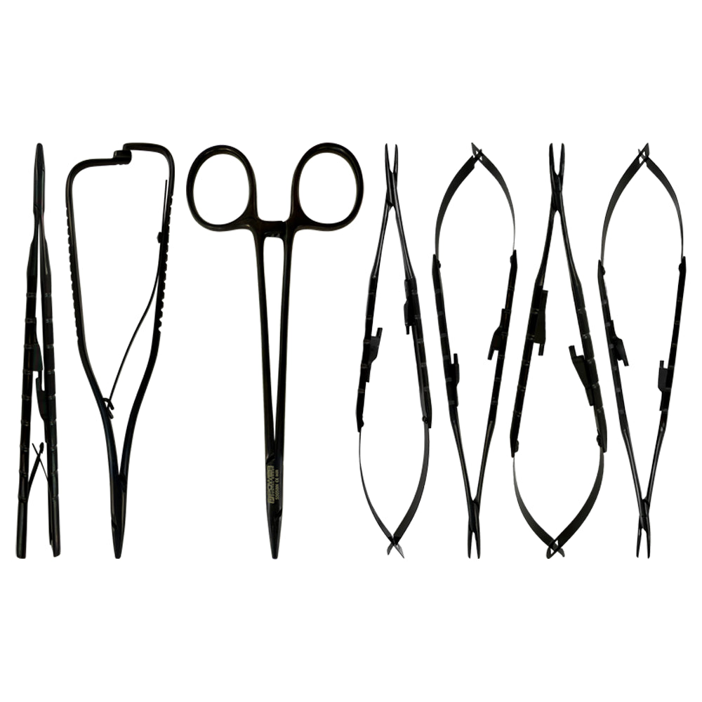 Power Line seven-piece needle holder kit with Castroviejo, Mathieu and Crile-Wood patterns in black titanium finish, SKU 5532BN