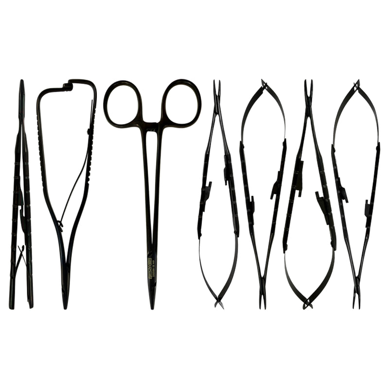 Power Line seven-piece needle holder kit with Castroviejo, Mathieu and Crile-Wood patterns in black titanium finish, SKU 5532BN