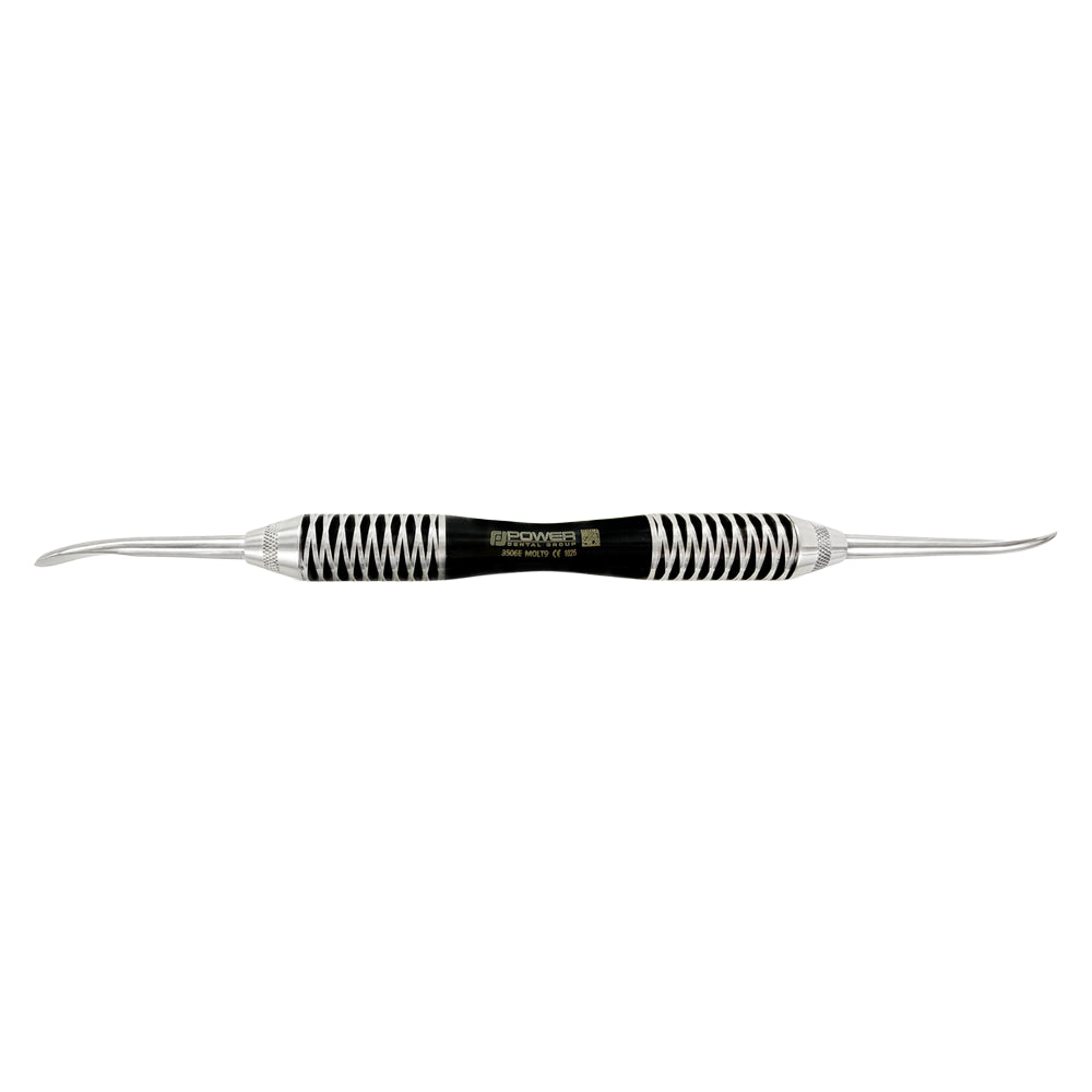 Full-length horizontal view of Power periosteal elevator Molt #9 Black Edition with cross-hatch handle