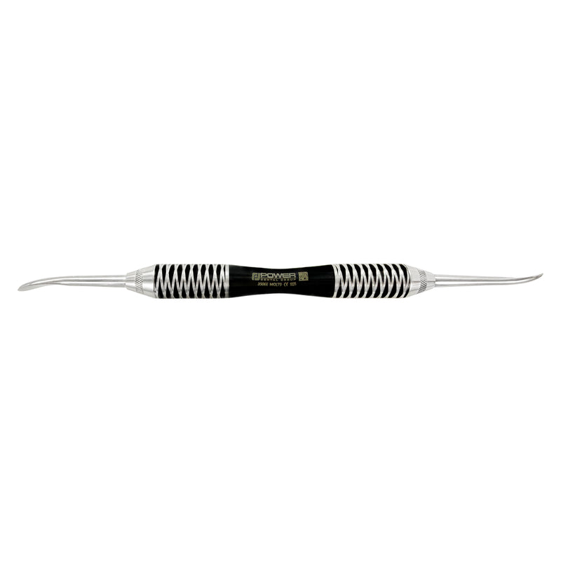 Full-length horizontal view of Power periosteal elevator Molt #9 Black Edition with cross-hatch handle