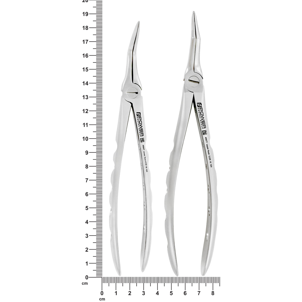 Power Root Extraction Forceps Kit size reference showing two forceps: 18.5 cm (4994T) and 19.2 cm (4997T).
