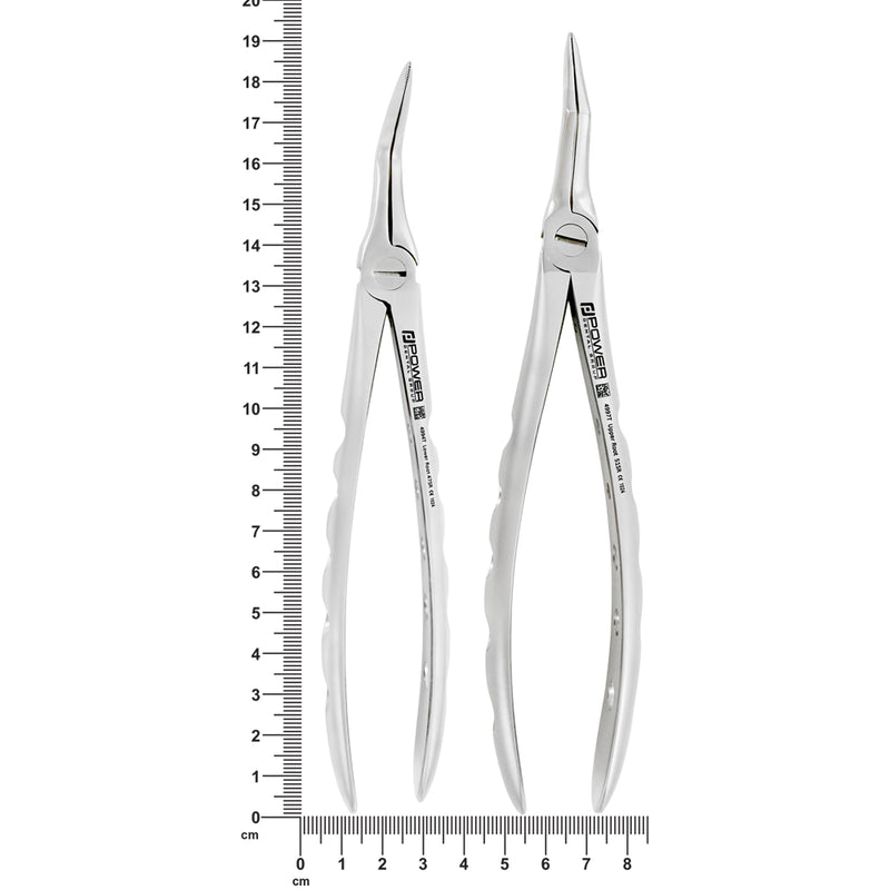 Power Root Extraction Forceps Kit size reference showing two forceps: 18.5 cm (4994T) and 19.2 cm (4997T).