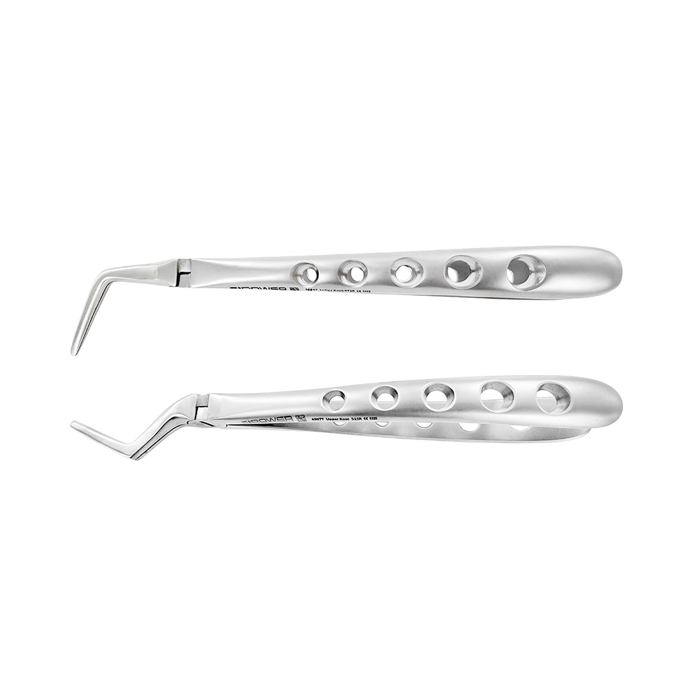 Side profile of upper and lower root extraction forceps with ergonomic grip-hole handles, Power Root Extraction Forceps Kit.