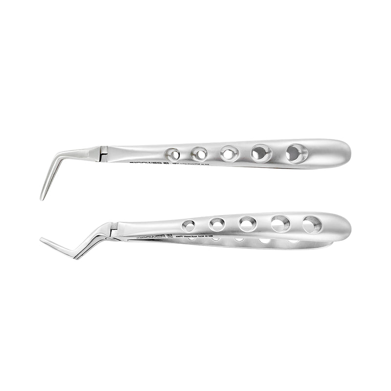 Side profile of upper and lower root extraction forceps with ergonomic grip-hole handles, Power Root Extraction Forceps Kit.