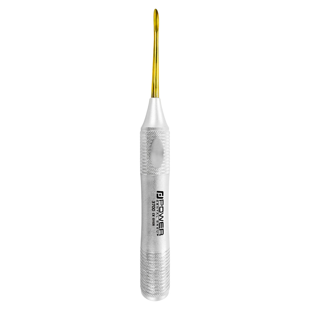 Power Rosenbaum 3rd molar elevator with concave curved 3.5 mm titanium tip – vertical full-length view