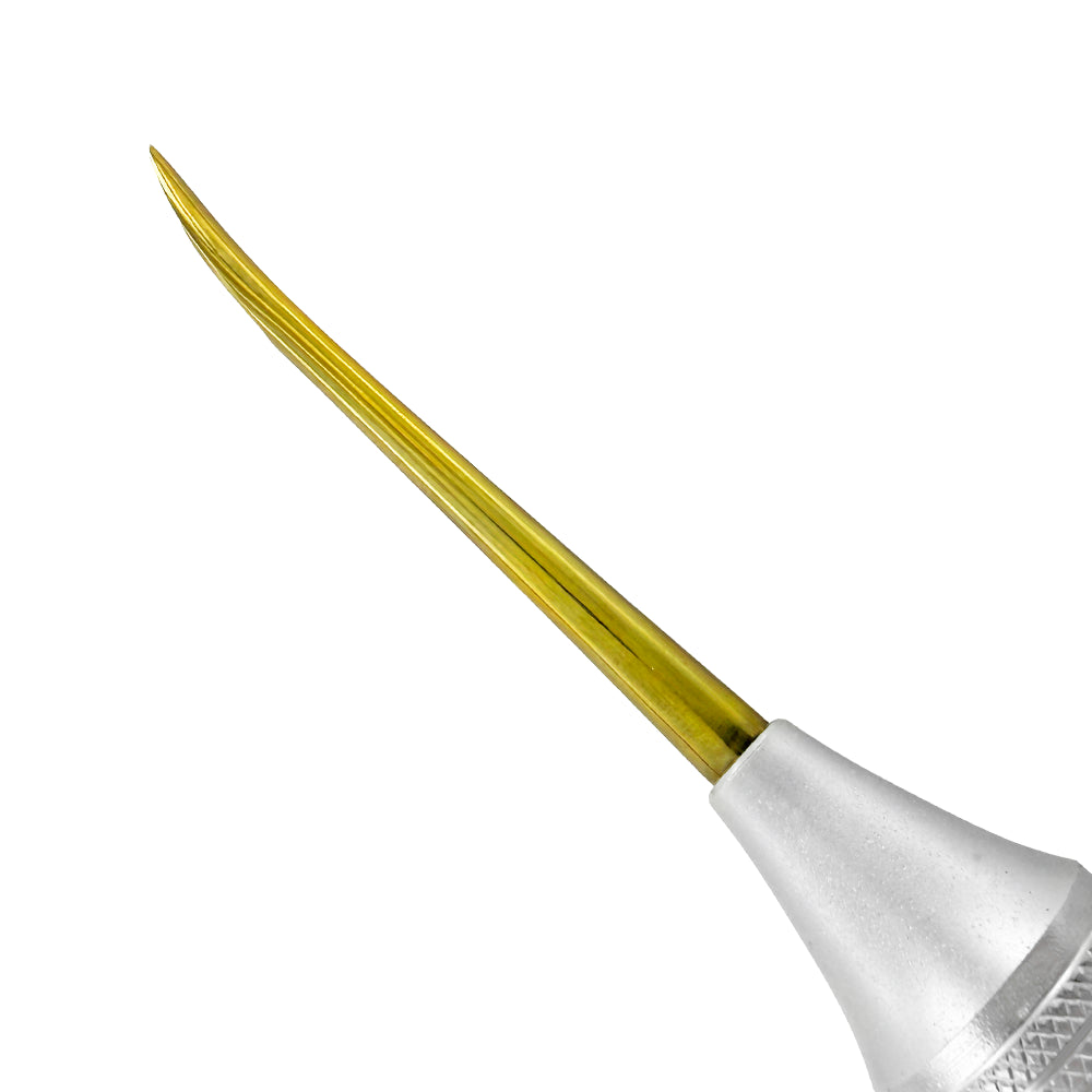 Angled profile of Rosenbaum 3rd molar elevator showing concave curved working end