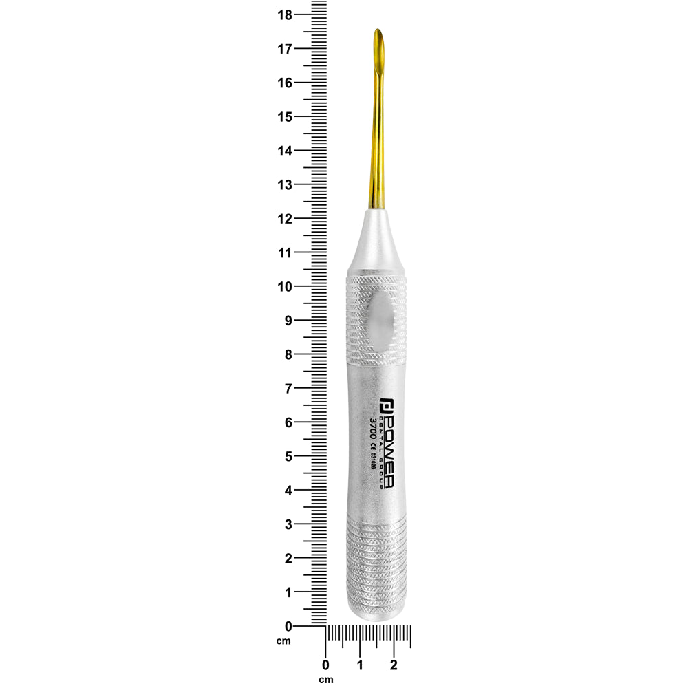 Rosenbaum 3rd molar elevator with measurement scale showing overall length and working end dimensions