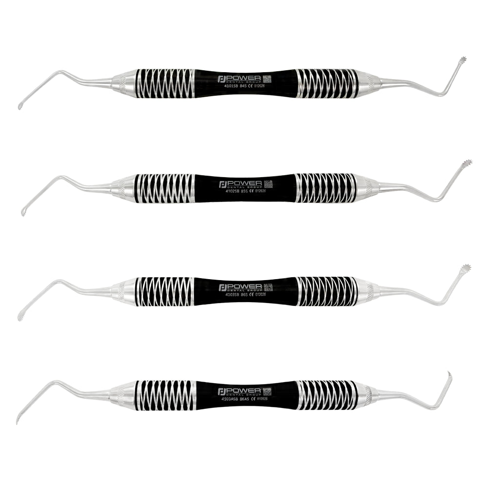 Power Serrated Surgical Lucas Curette Kit, set of four with premium black ergonomic handles