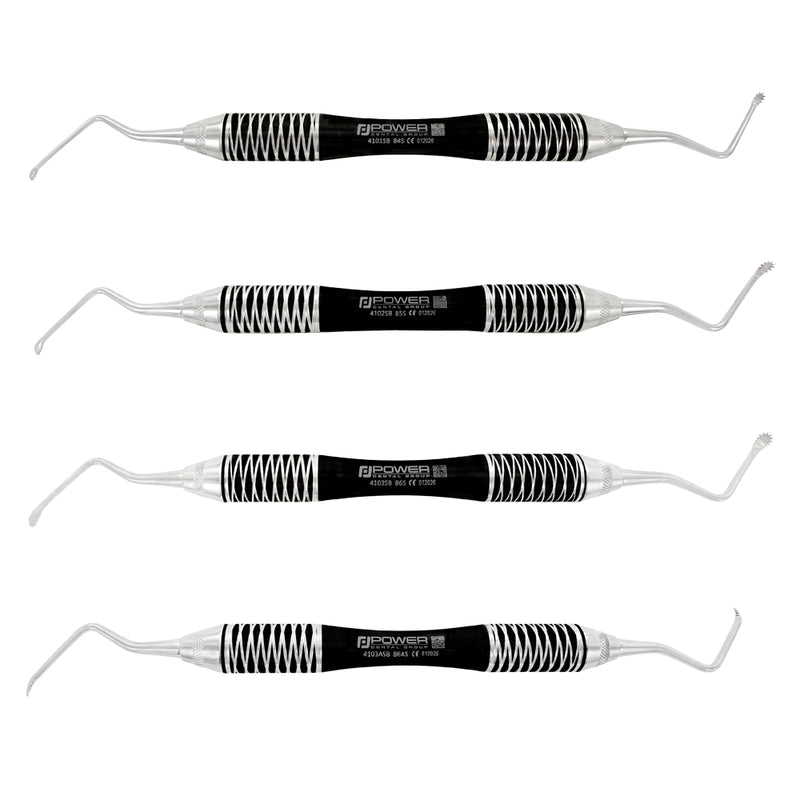 Power Serrated Surgical Lucas Curette Kit, set of four with premium black ergonomic handles