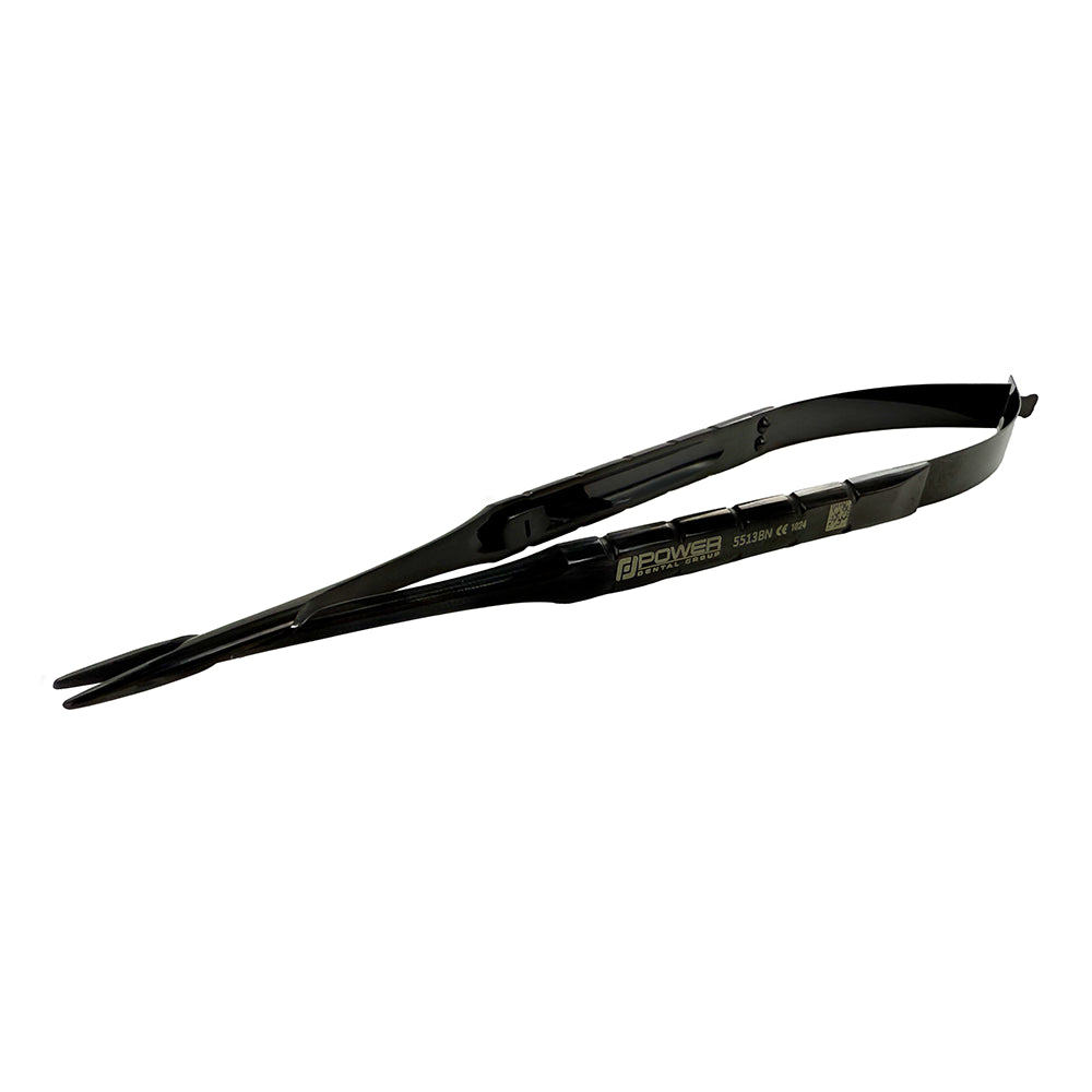 Side view of straight Castroviejo needle holder, titanium Black Edition, 16 cm