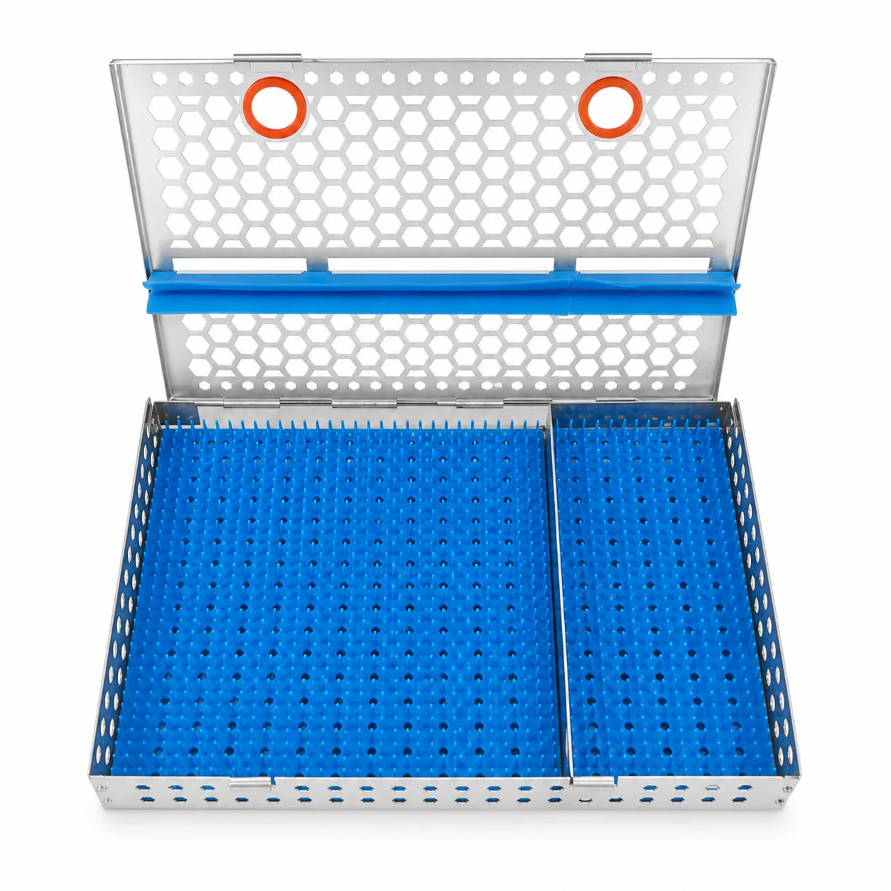 Power Surgical Cassette open front view showing partition accessory rack and full-length silicone retention system