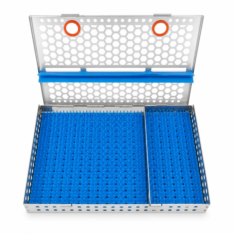 Power Surgical Cassette open front view showing partition accessory rack and full-length silicone retention system