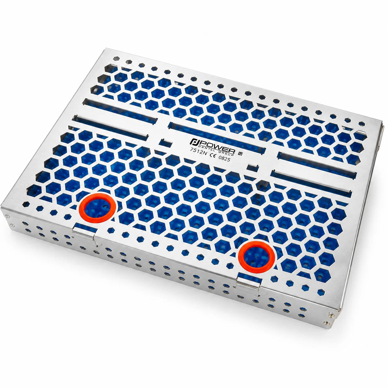 Power Surgical Cassette closed angled view stainless steel utility cassette with honeycomb perforation and silicone retention