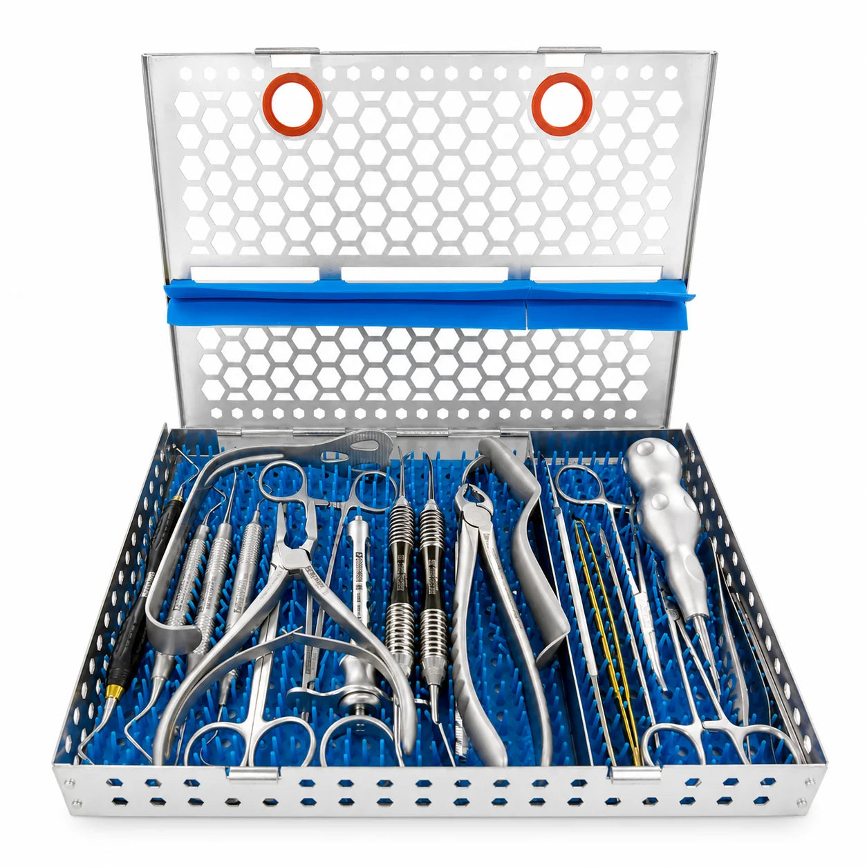 Power Surgical Cassette with instruments shown for capacity demonstration stainless steel cassette holds 15 plus instruments