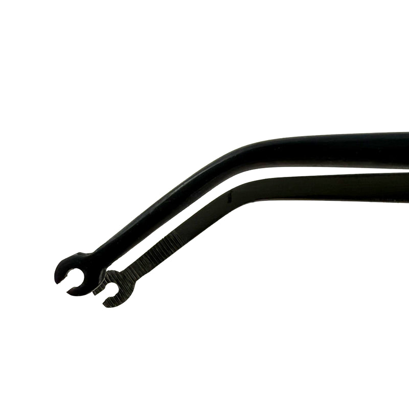 Close-up of curved suture corn tip on Black Edition tissue forceps