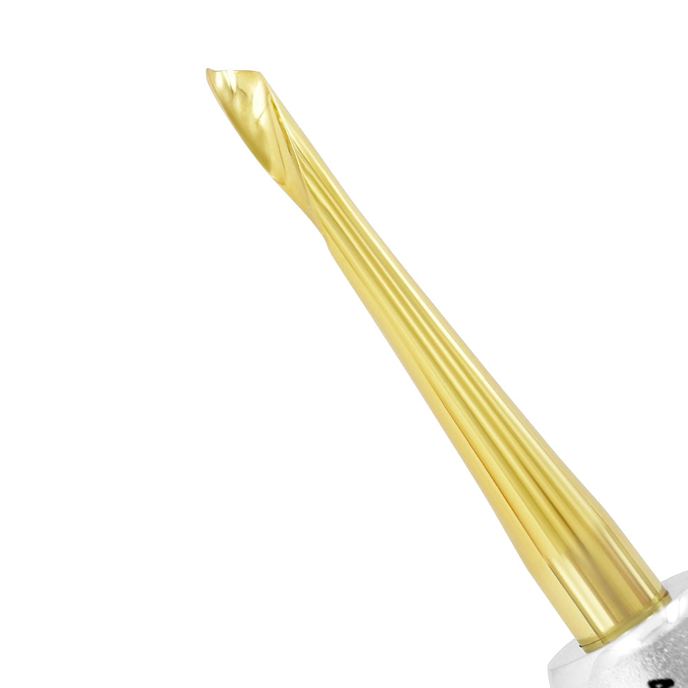 Close-up of the serrated twist-fluted 4 mm working end on Power Twist straight-right elevator