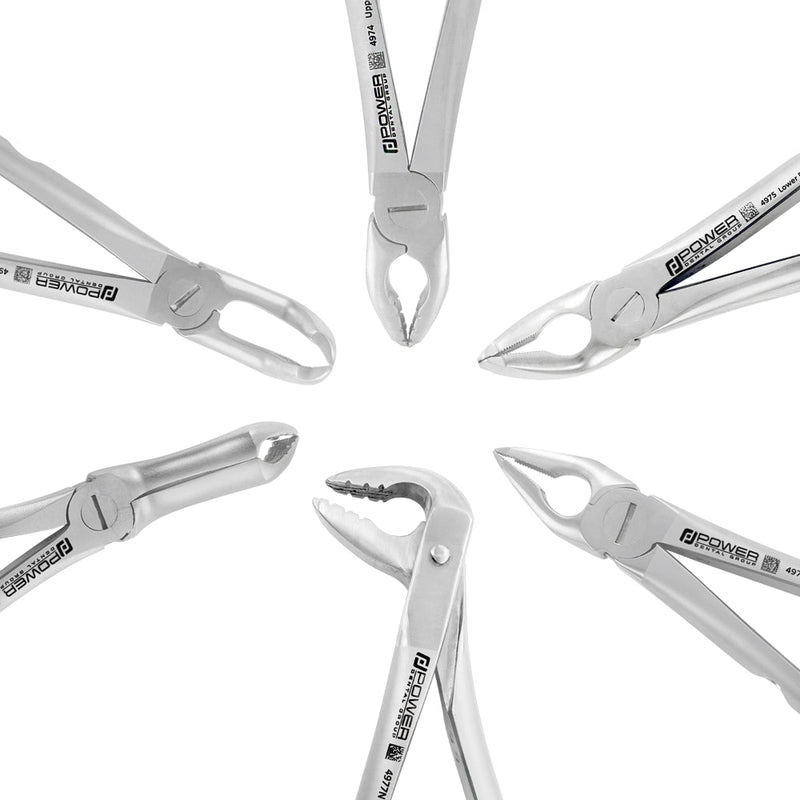 Staged view of the Power Universal atraumatic extraction forceps kit with standard handles, set of 6 – SKU 9006-BAFO
