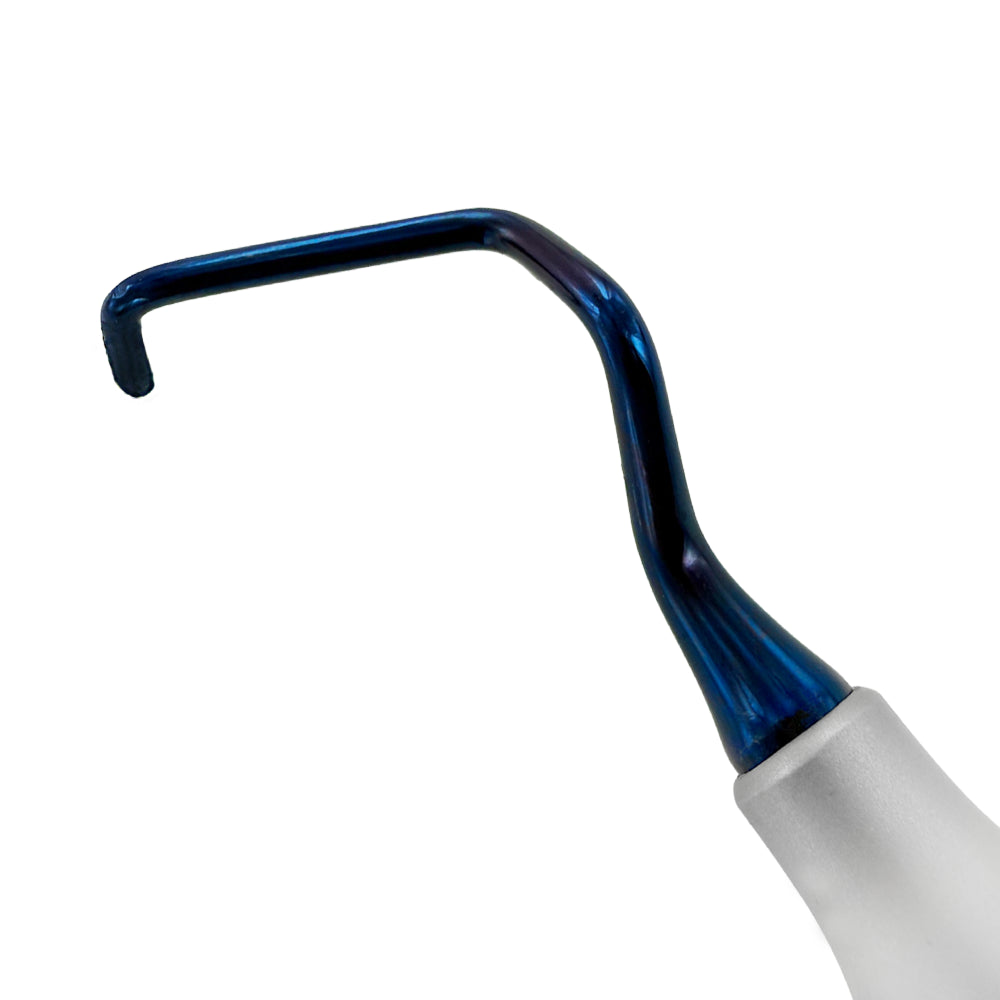 Close-up of papilla round tip on Power VT-6 tunneling instrument with blue titanium coated working end