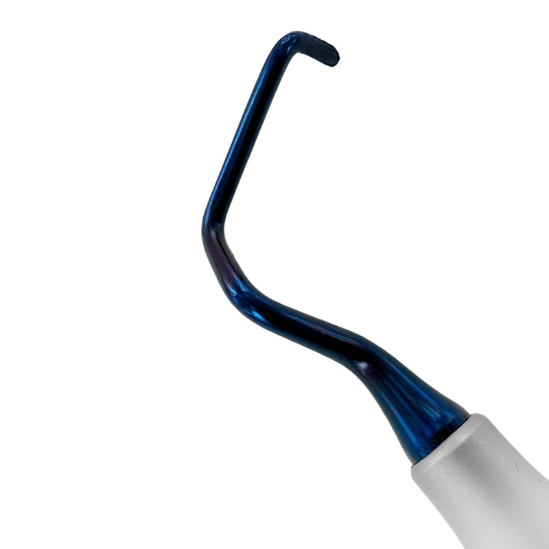 VT angulated working end of Power VT-6 tunneling instrument designed for papilla access in tight embrasures