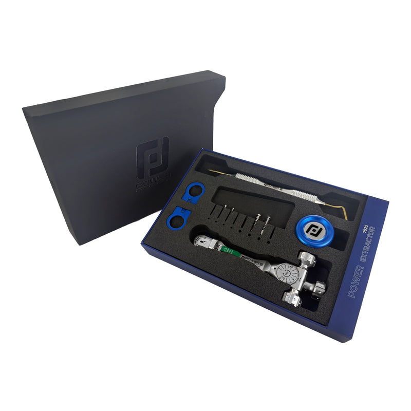 Power X Extractor Kit in organized carrying case with extractor device, Power Wheel, anchors, burs, silicone caps, and periotome