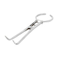 Angled view of #4-pattern stainless steel rubber dam clamp forceps with open-loop handles