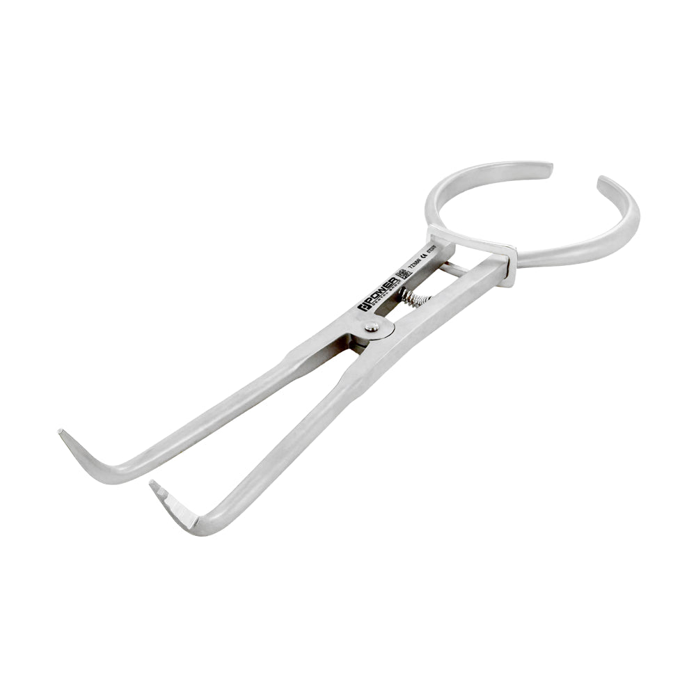 Angled view of #4-pattern stainless steel rubber dam clamp forceps with open-loop handles
