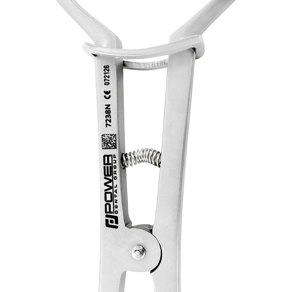 Detailed view of clamp-engaging ends on the #4-pattern rubber dam forceps