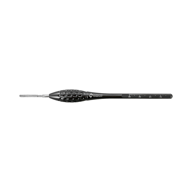 Full side view of Supremo Scalpel Handle S Rounded with 40 mm ruler