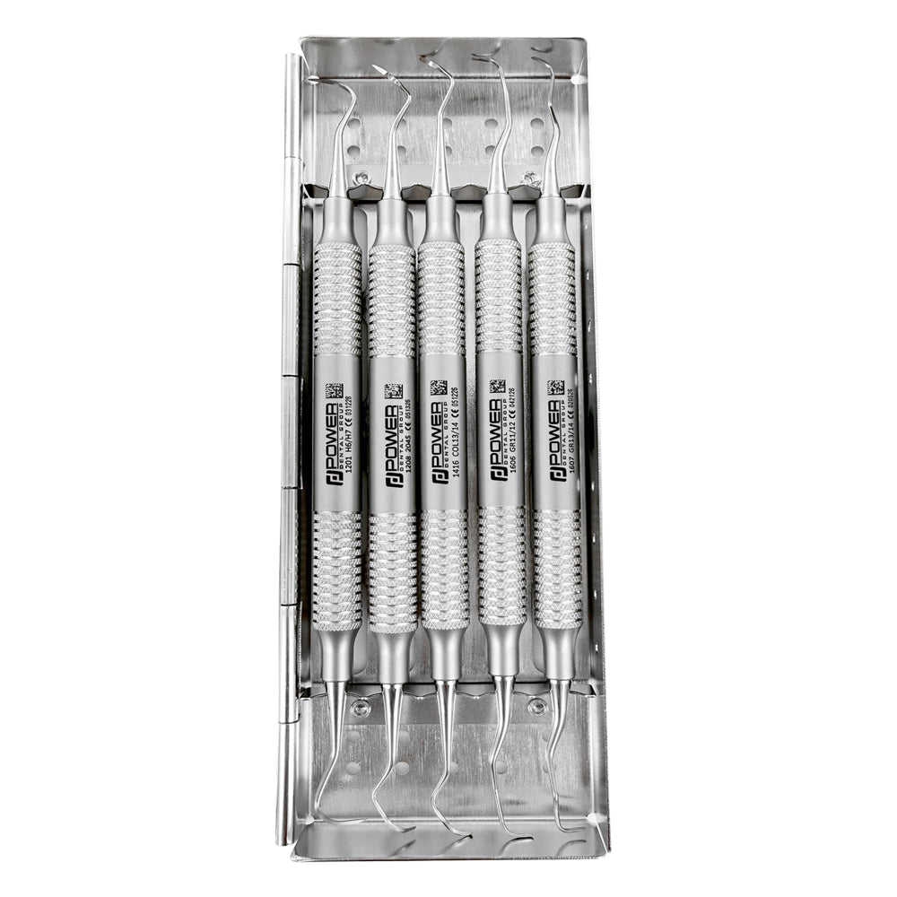 Scaler & Curette Kit – five periodontal instruments secured in sterilization cassette