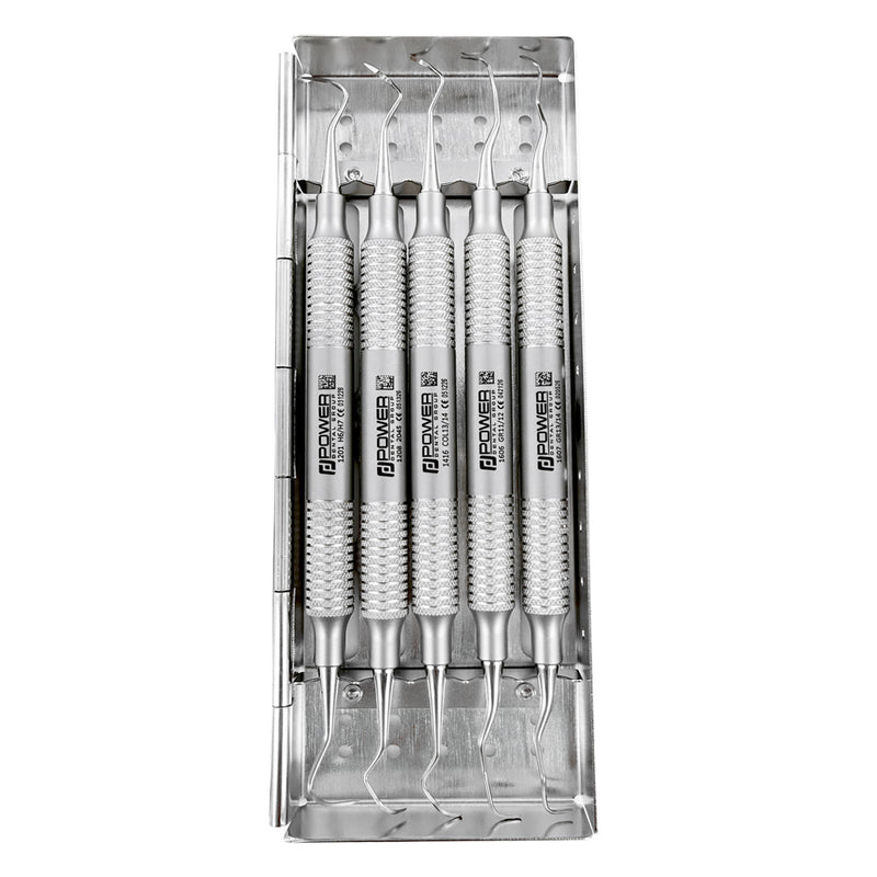 Scaler & Curette Kit – five periodontal instruments secured in sterilization cassette