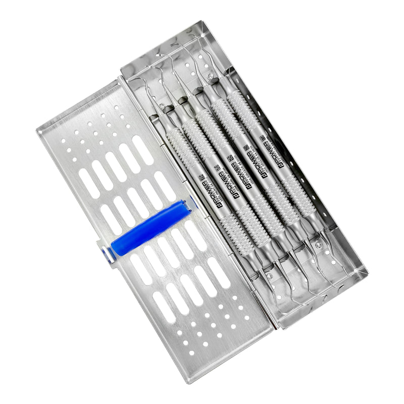 Scaler & Curette Kit with five instruments organized in open stainless steel cassette
