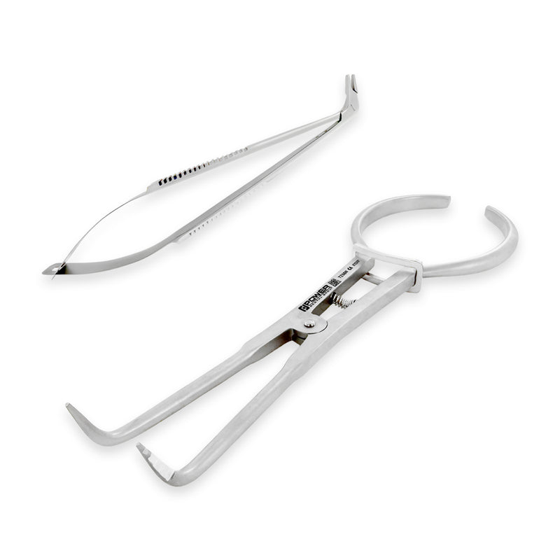 Two-piece stainless steel kit with sectional matrix band forceps and #4 rubber dam clamp forceps
