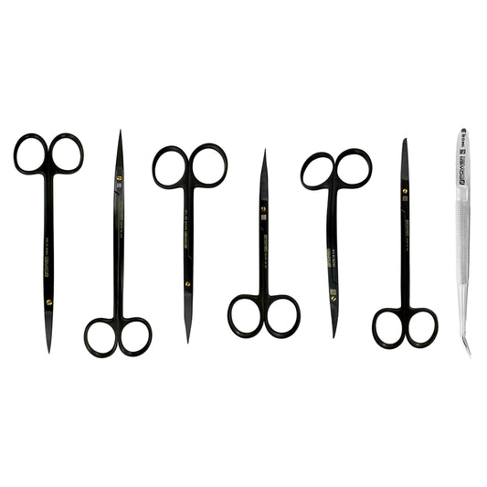 Included instruments in the Super Cut Suture Scissors Kit – Black Titanium, Set of 7