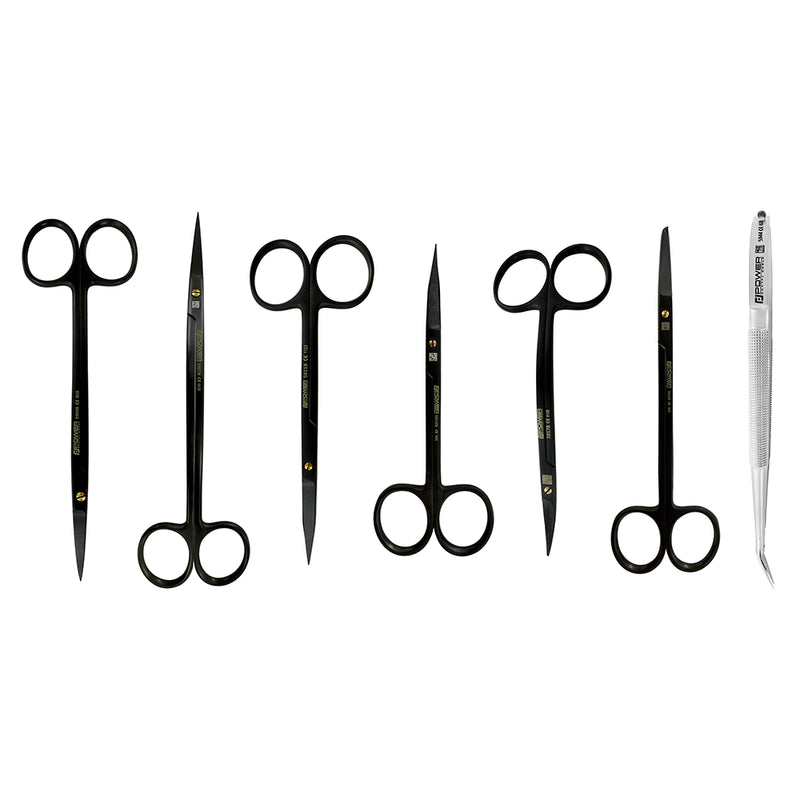 Included instruments in the Super Cut Suture Scissors Kit – Black Titanium, Set of 7