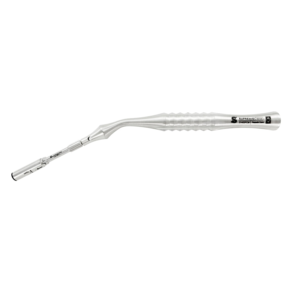 Supremo bone scraper set curved handle for cortical bone collection and grafting, full instrument on white background
