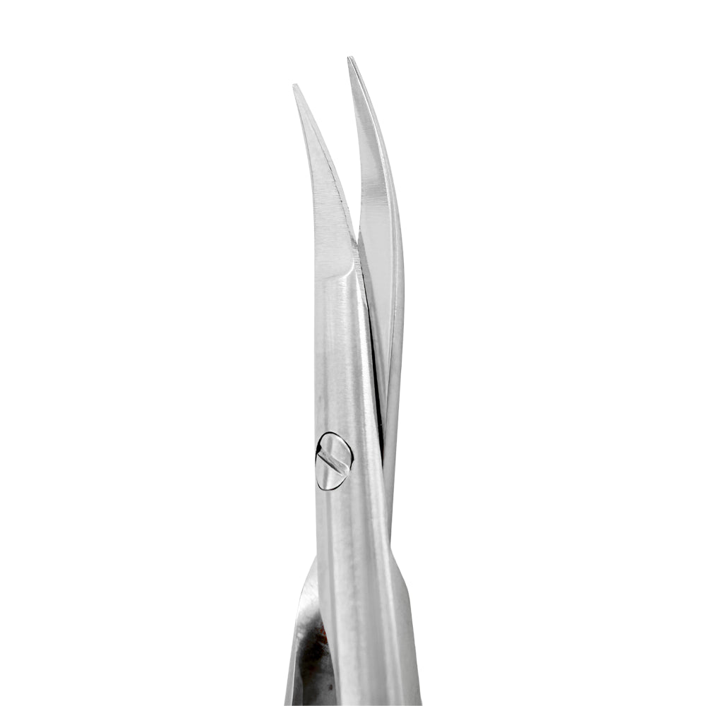 Macro detail of fine curved microsurgical cutting tips on Supremo Castroviejo scissors, SKU S0081