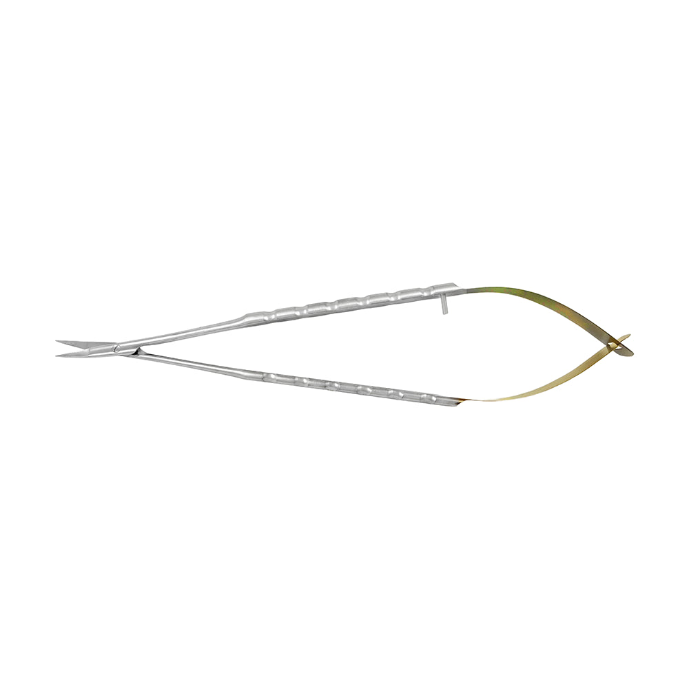 Horizontal view of 18 cm Supremo Castroviejo micro-curved scissors, Gold Edition, SKU S0081
