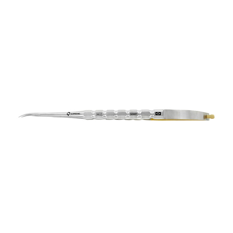 Side profile of Supremo S0081 micro-curved Castroviejo tissue cutting scissors with gold-toned spring handle