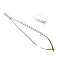 Full view of Supremo S0081 curved Castroviejo tissue cutting scissors, 18 cm, with gold-finished spring handle