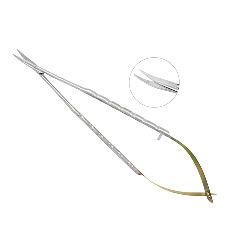 Full view of Supremo S0081 curved Castroviejo tissue cutting scissors, 18 cm, with gold-finished spring handle