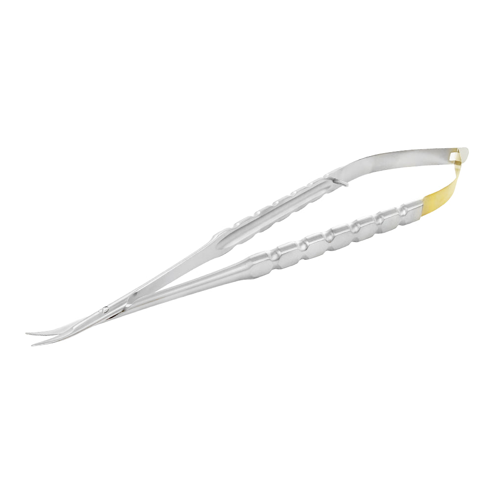 Angled product view of Supremo Gold Edition curved Castroviejo tissue cutting scissors, 18 cm, SKU S0081
