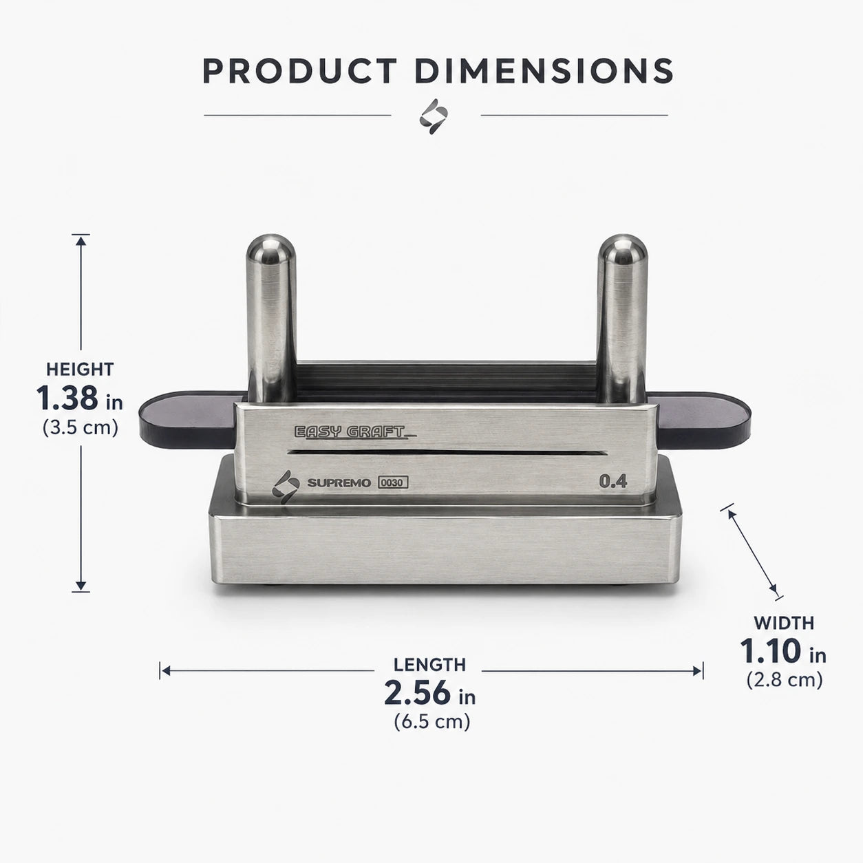 Supremo Easy Graft device dimensions showing 6.5 cm length, 2.8 cm width, and 3.5 cm height