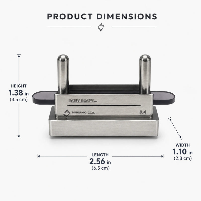 Supremo Easy Graft device dimensions showing 6.5 cm length, 2.8 cm width, and 3.5 cm height