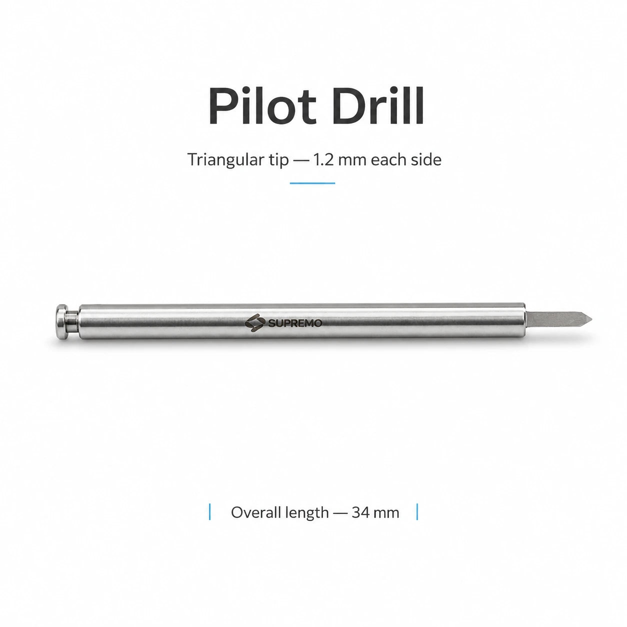 Supremo Harvester pilot drill with triangular 1.2 mm tip and 34 mm overall length