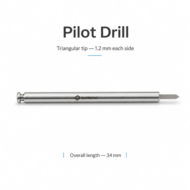 Supremo Harvester pilot drill with triangular 1.2 mm tip and 34 mm overall length