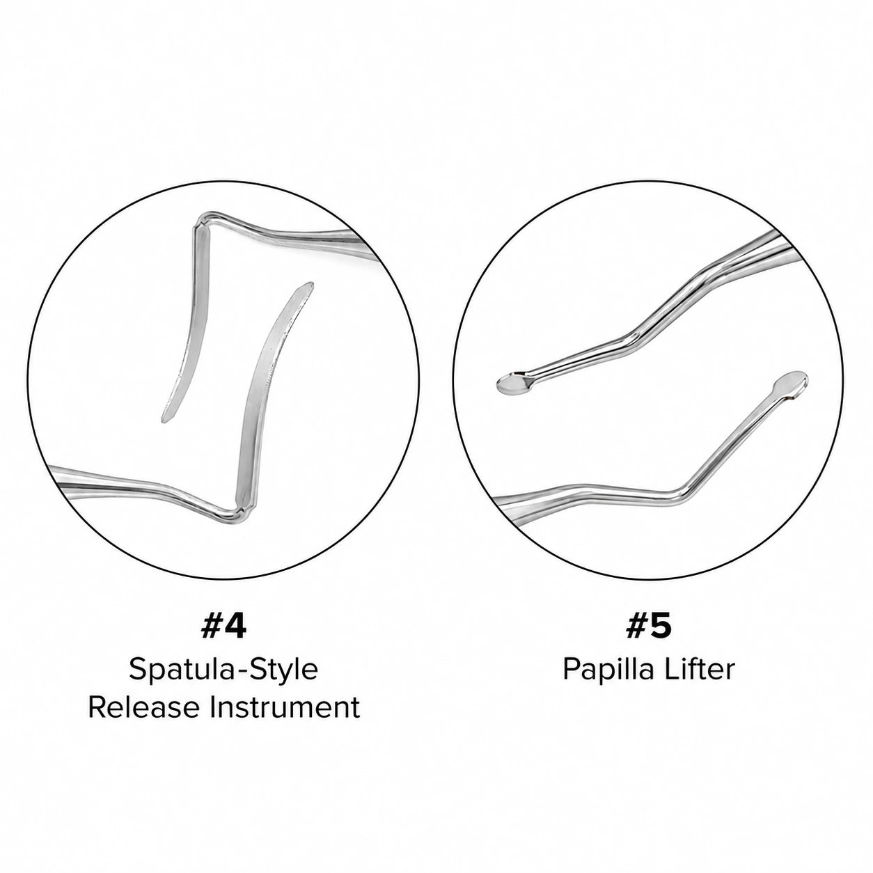 Close-up tips of Supremo Tunneling Kit Ricardo Kern instruments #4 Spatula-Style Release Instrument and #5 Papilla Lifter