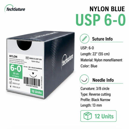Techsuture Nylon Blue Suture USP 6-0 with 13 mm 3/8 circle Black Narrow reverse-cutting needle, 22 in (55 cm), box of 12