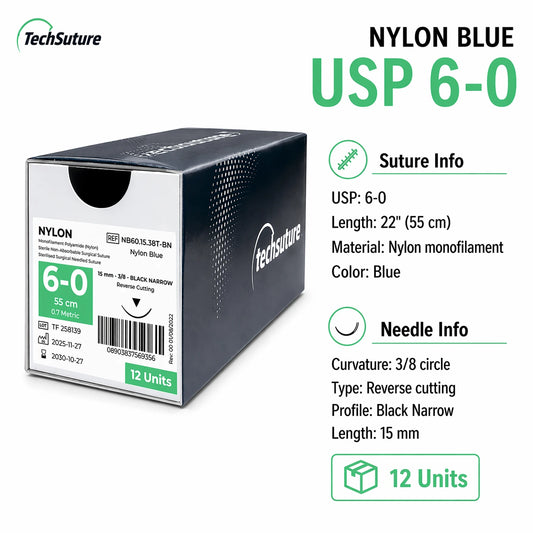 Techsuture Nylon Blue Suture USP 6-0 with 15 mm 3/8 circle Black Narrow reverse-cutting needle, 22 in (55 cm), box of 12