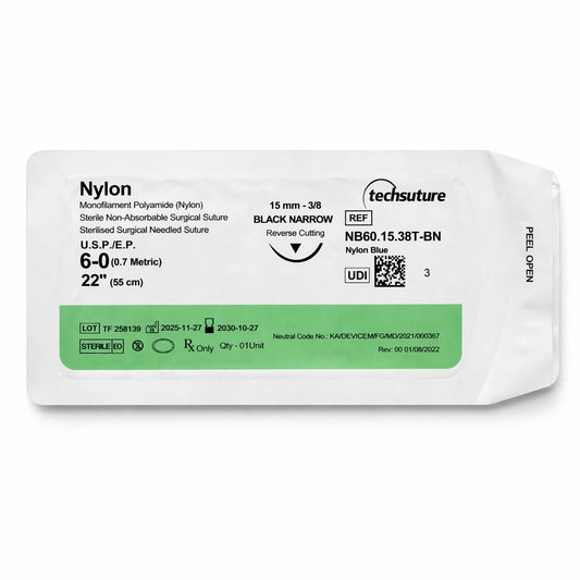 Single sterile sachet of Techsuture Nylon Blue Suture USP 6-0 with 15 mm 3/8 circle Black Narrow reverse-cutting needle